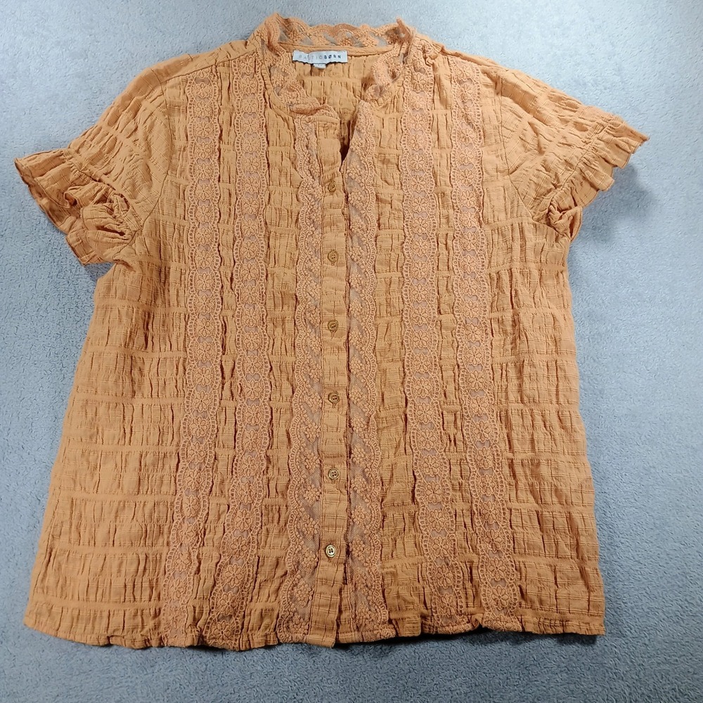 Baltic Born Women Blouse Orange L Lace Trim Ruffle Sleeve Button Down